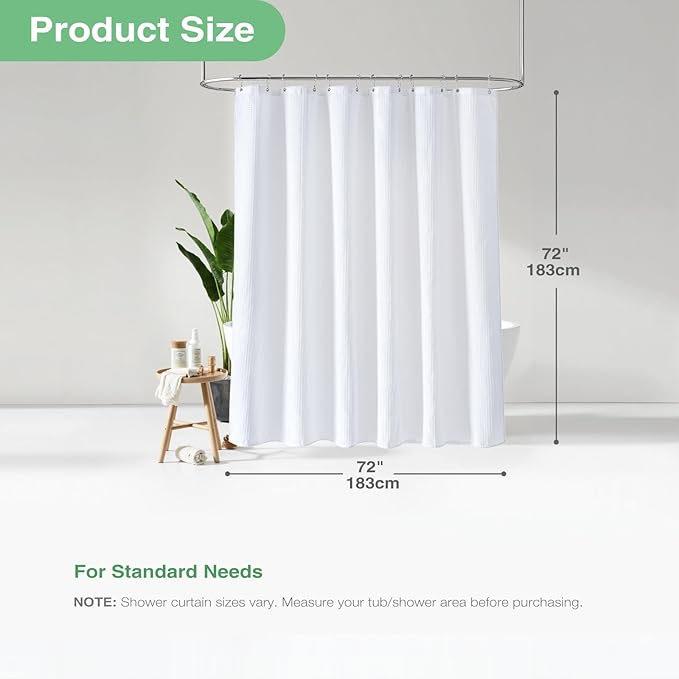 Dynamene White Fabric Shower Curtain, Waffle Weave Heavy Duty Hotel Luxury Cloth Shower Curtains for Bathroom, 72 Inch 256GSM Weighted Bath Curtain Set with 12 Plastic Hooks,72x72