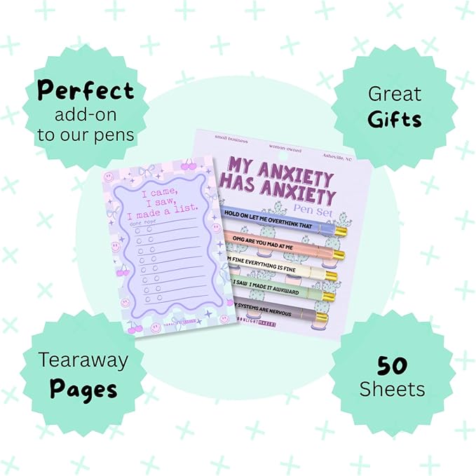 Moonlight Makers Funny Pens and Notepad Stationery Set - 5 My Anxiety Has Anxiety Engraved Ballpoint Pens, Black Ink, I Came I Saw I Made A List Notepad, Cute Desk Supplies, Funny Work Gifts for Women
