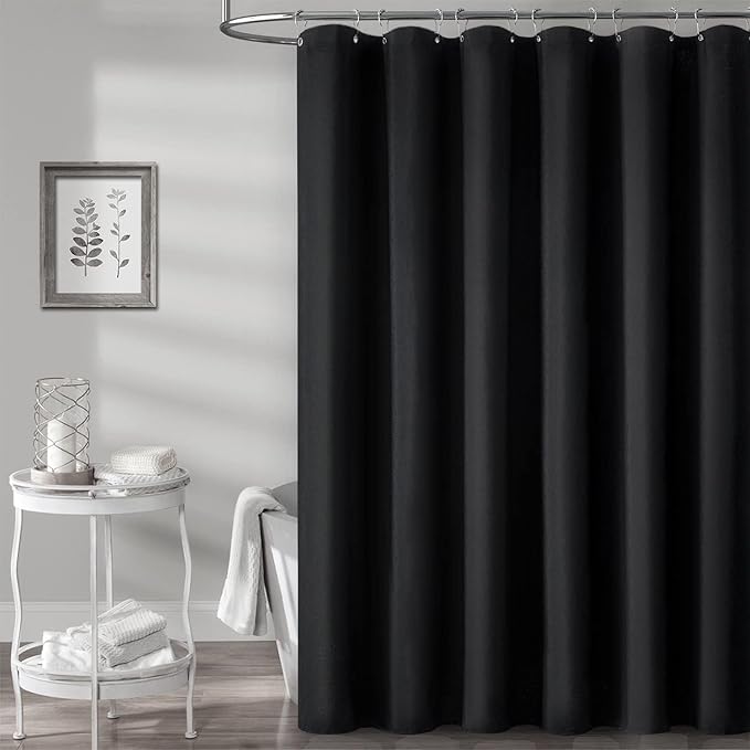 BTTN Stall Fabric Shower Curtain - 60x84 Inch Long Linen Textured Heavy Duty Shower Cloth Curtain Set with 10 Plastic Hooks, Narrow Decorative Neutral Waterproof Shower Curtains for Bathroom, Black