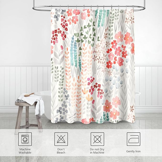 Colorful Floral Shower Curtain, Retro Red Teal Flower Fabric Shower Curtain, Cute Funky Watercolor Wildflower Shower Curtain Set, Cottagecore Bohemian Bathroom Decor, 72x72