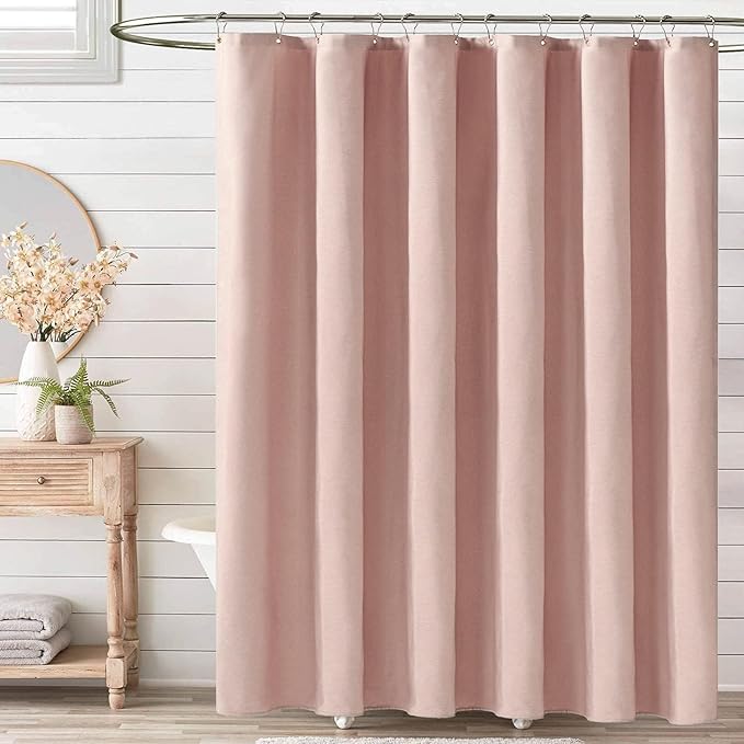 BTTN Fabric Shower Curtain, Linen Textured Heavy Duty Polyester Cloth Shower Curtain Set with Plastic Hooks, Blush, 72x96
