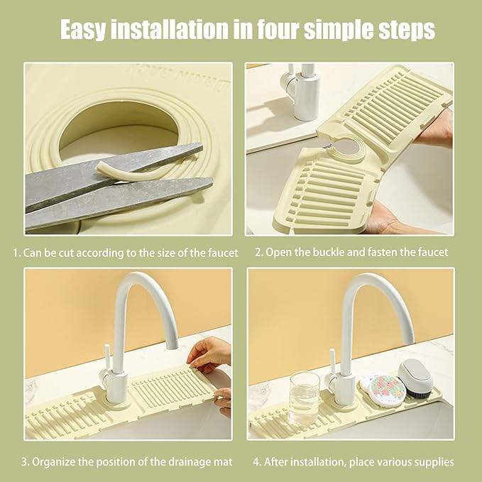 Faucet Mat for Kitchen Sink - 2024 Upgraded Premium Silicone Splash Guard with Fast Drying Properties - Protective Sink Tray Ideal for Stone Sinks in Kitchen & Bathroom (2, Beige)