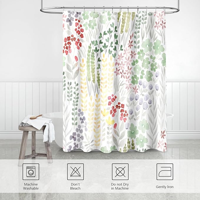 Small Stall Shower Curtain 36 x 72 Inch, Half Narrow Cute Floral Shower Curtain for Bathroom, Sage Green Wildflower Boho Cottagecore Fabric Shower Curtain Set with Hooks