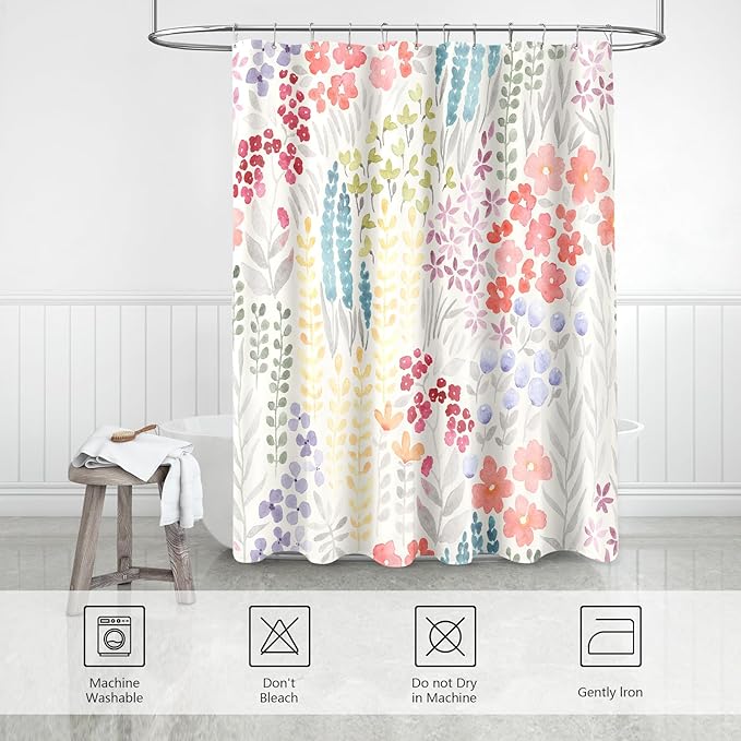 Small Stall Shower Curtain 36 x 72 Inch, Half Narrow Dorm Cute Floral Shower Curtain for Bathroom, Colorful Wildflower Boho Cottagecore Fabric Shower Curtain Set with Hooks, Ivory