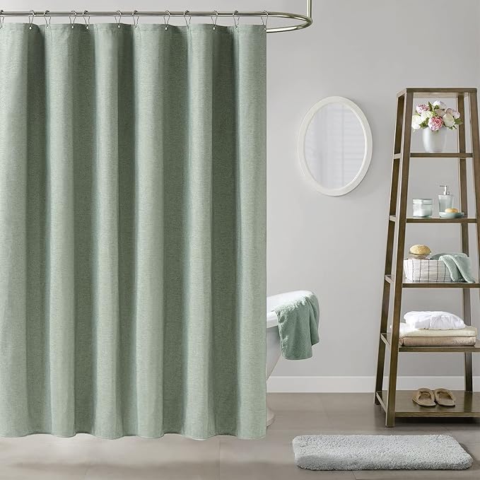 BTTN Stall Fabric Shower Curtain, 54x78 Inch Long Linen Textured Heavy Duty Thick Shower Curtain Set with 10 Plastic Hooks, Hotel Spa Weighted Waterproof Neutral Bath Curtains for Bathroom, Sage Green