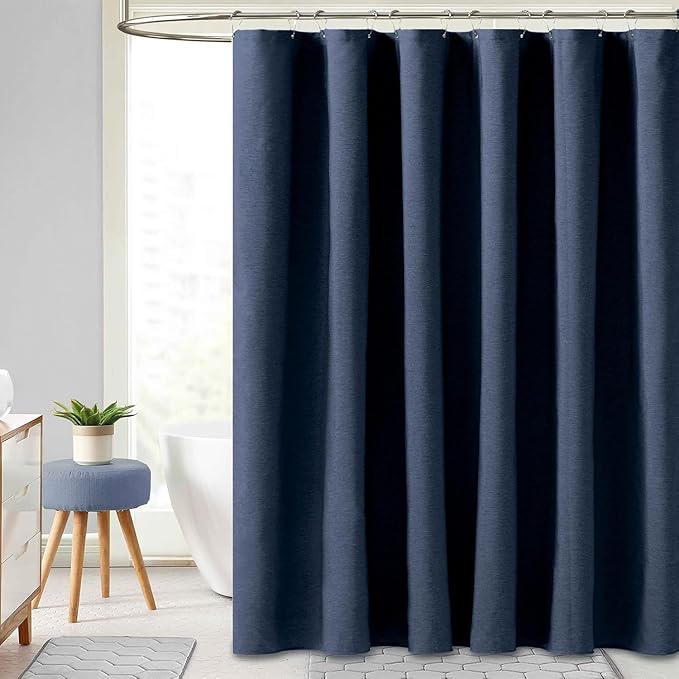 BTTN Long Fabric Shower Curtain - 72x80 Inch Linen Textured Heavy Duty Polyester Cloth Shower Curtain Set with 12 Plastic Hooks, Hotel Luxury Waterproof Modern Shower Curtains for Bathroom, Navy Blue