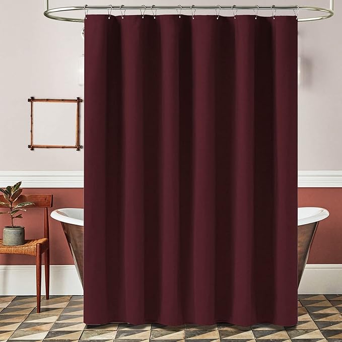 BTTN Fabric Shower Curtain, Linen Textured Heavy Duty Polyester Cloth Shower Curtain Set with Plastic Hooks, Burgundy, 72x96