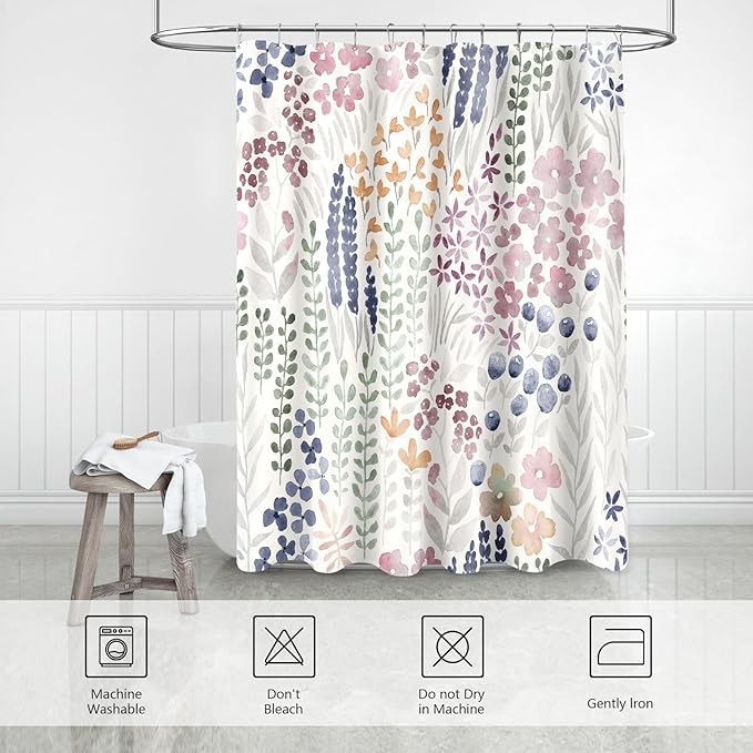 Long Shower Curtain 72 x 78 Inch, Tall Cute Floral Shower Curtain for Bathroom, Mauve Wildflower Boho Cottagecore Fabric Shower Curtain Set with Hooks