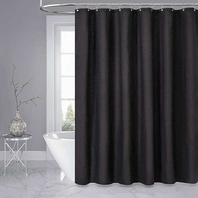 Dynamene Long Black Fabric Shower Curtain - Waffle Textured Tall Heavy Duty Cloth Shower Curtains for Bathroom, 256GSM Large Hotel Spa Luxury Bath Curtain Set with 12 Plastic Hooks(72Wx80H, Black)