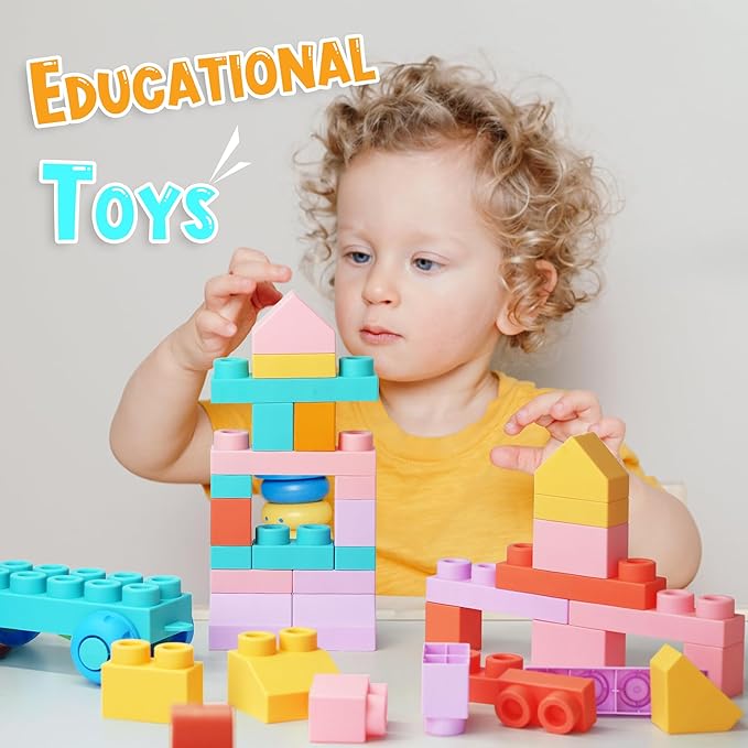 45 Pcs Soft Building Blocks for Toddlers 18M+, BPA - Free Sensory Toys, Montessori STEM DIY Construction Bricks, Safe Teething & Early Learning Toys, Creative Building Set for Baby Kids