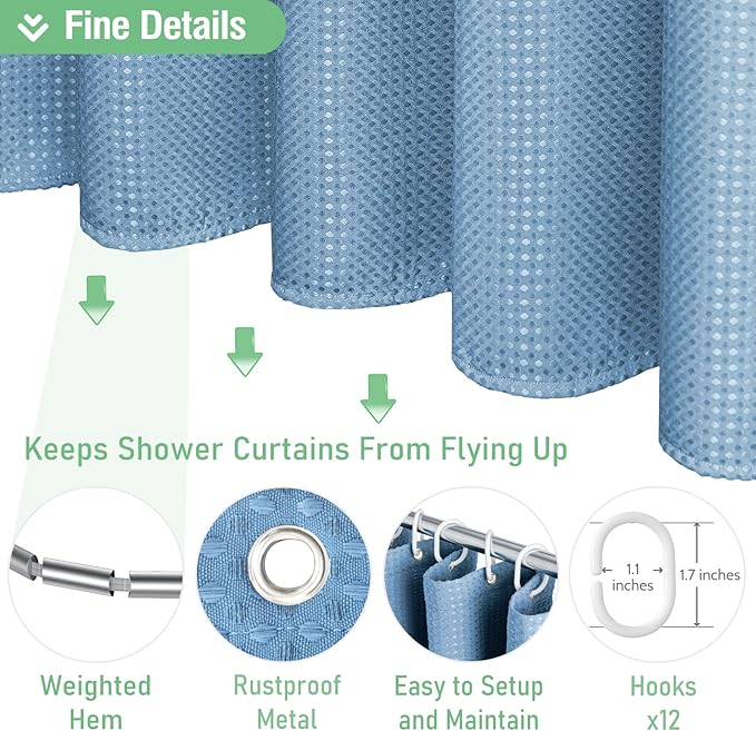 Dynamene Extra Long Fabric Shower Curtain - Waffle Weave 90 Inches Long Heavy Duty Cloth Shower Curtains for Bathroom, 256GSM Tall Hotel Luxury Bath Curtain Set with 12 Plastic Hooks, Moonlight Blue
