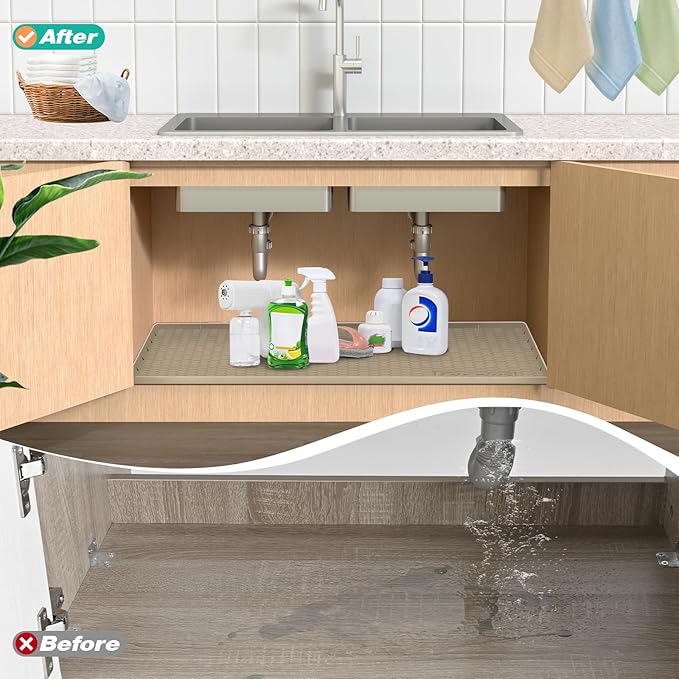 Waterproof Under Sink Mat 31" x 22", Silicone Cabinet Liner, Rubber Protector for Kitchen and Bathroom, Keeps Cabinets Clean, Dry, and Organized (Beige)