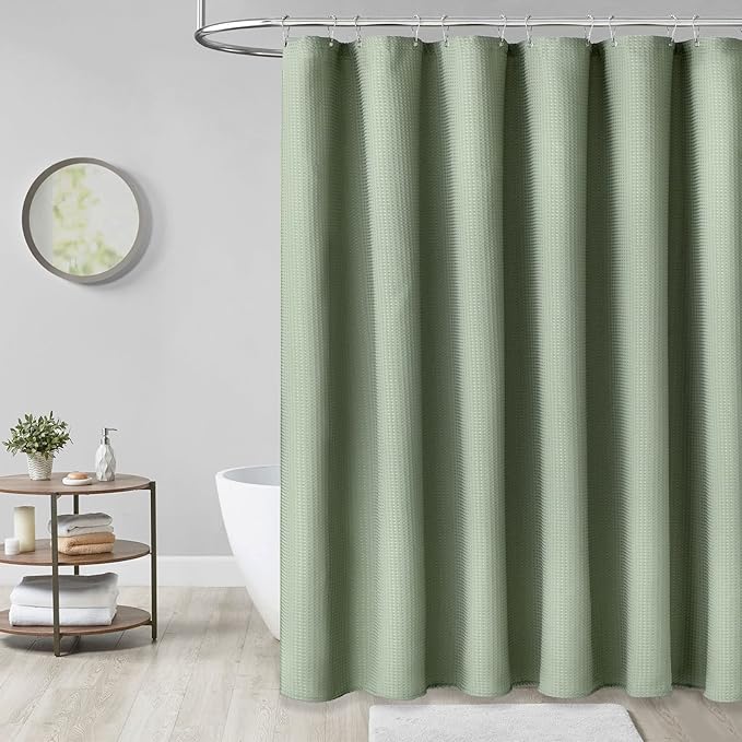 Dynamene Fabric Shower Curtain, Waffle Textured Heavy Duty Shower Curtains for Bathroom, 256GSM Luxury Weighted Cloth Shower Curtain Set with Plastic Hooks, 72" W x 96" L (Pack of 1), A. Sage Green