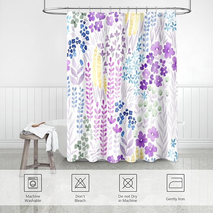 Extra Long Shower Curtain 72 x 84 Inch, Tall Purple Floral Shower Curtain for Bathroom, Colorful Wildflower Boho Cottagecore Fabric Shower Curtain Set with Hooks, Lavender Purple