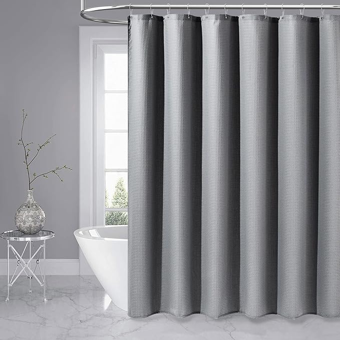 Dynamene Stall Fabric Shower Curtain - 54 inch Wide Waffle Weave Weighted Thick Cloth Shower Curtains for Bathroom, Heavy Duty Hotel Spa Luxury Bath Curtain Set with 10 Hooks, 54x72, Grey/Gray