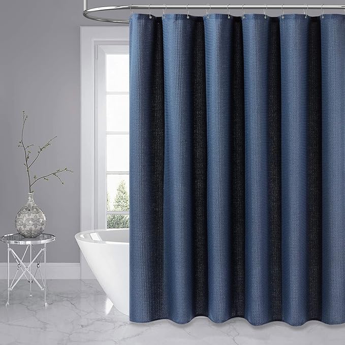 Dynamene Stall Fabric Shower Curtain - 54x78 inch Long Waffle Weave Weighted Thick Cloth Shower Curtains for Bathroom,Neutral Heavy Duty Hotel Spa Luxury Bath Curtain Set with 10 Hooks, Navy Blue