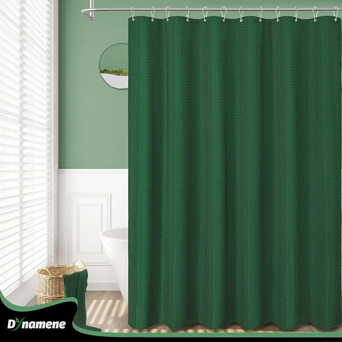 Dynamene Extra Long Shower Curtain - 84 Inch Long Waffle Weave Heavy Duty Fabric Bathroom Shower Curtain, Neutral Weighted Hotel Thick Bath Curtain Set with 12 Plastic Hooks,72x84, Dark Green