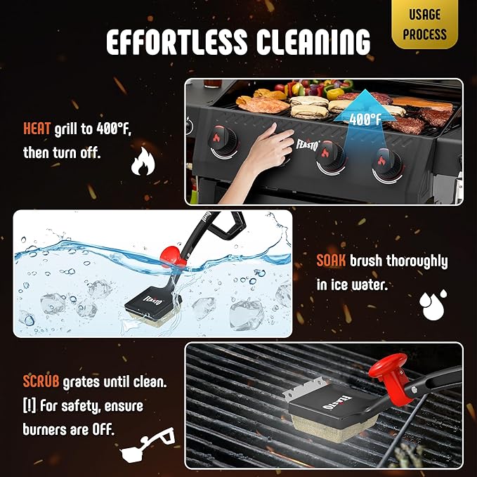 Grill Brush with Steam and 2 Replacement Brush Heads, 6-in-1 Bristle-Free with Interwoven-Tech & Thermal-Sensitive Sponge, Stainless Steel Scraper, 360° Rotating Knob, Bottle Opener