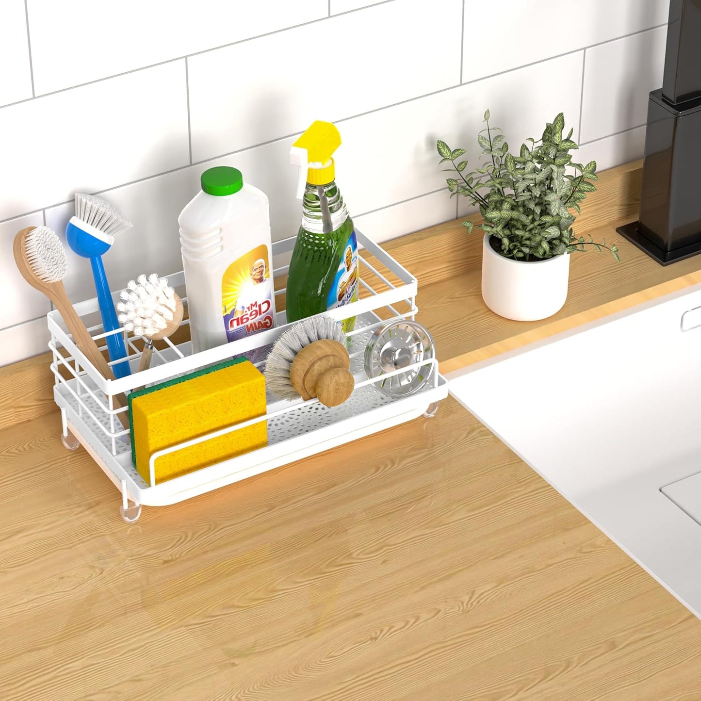 Cisily Sponge Holder for Kitchen, Sink Caddy Organizer, Kitchen Sink Accessories with Drip Tray, Rustproof and Non-Slip Kitchen Sink Sponge Holder, Kitchen Essentials for New Home(White)