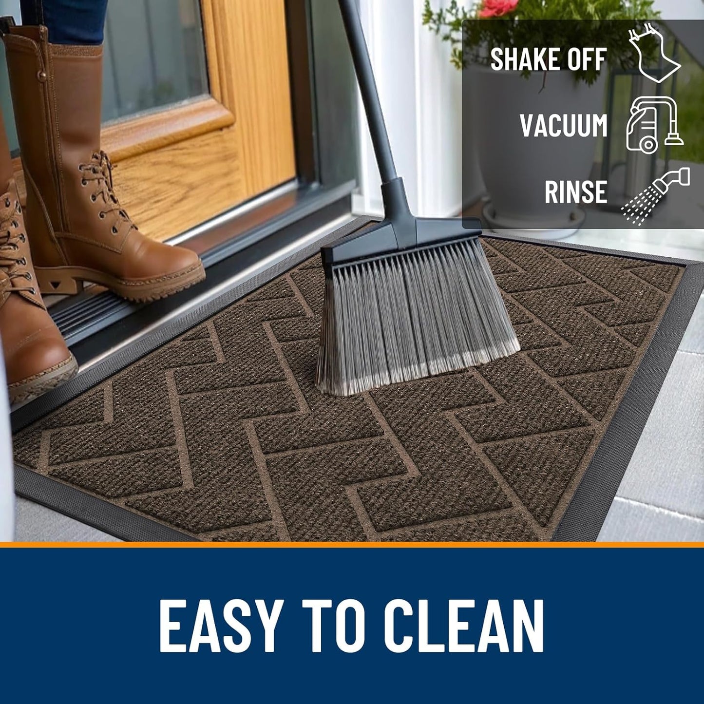 OLANLY Front Door Mat Indoor Outdoor Entrance, Waterproof All-Season, All-Weather Doormat, Sturdy Natural Rubber, Low Profile, Easy Clean Patio Porch Entryway Mat, Herringbone Brick (Brown, 71x47)