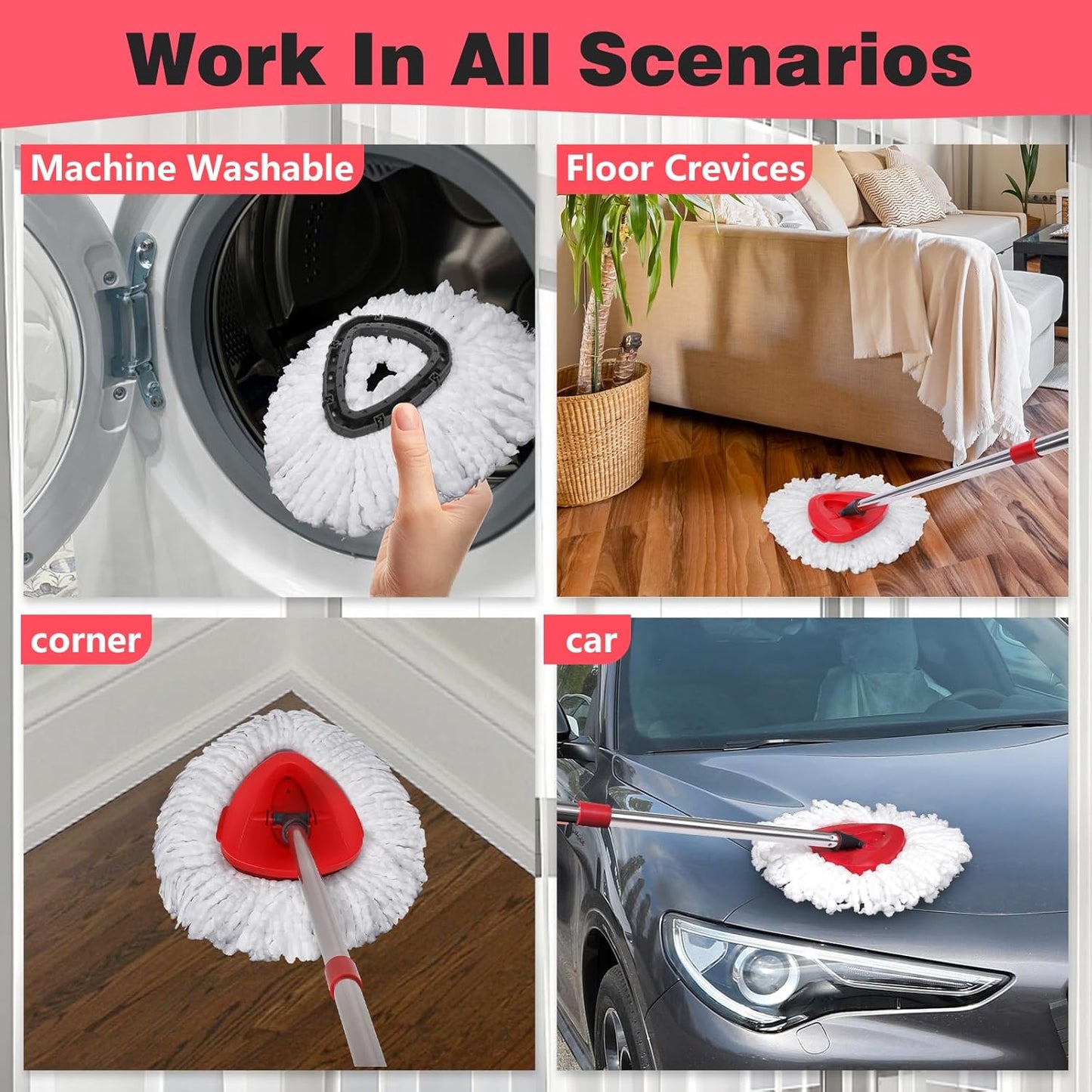 Mop Replacement Heads 4 Pcs & 1Scrub Brush & 1 Base Combo for Ocedar Easywring 1-Tank System,Microfiber Spin Mop Replacement Head,Machine Washable for Bathroom,Kitchen,Tub and Tile