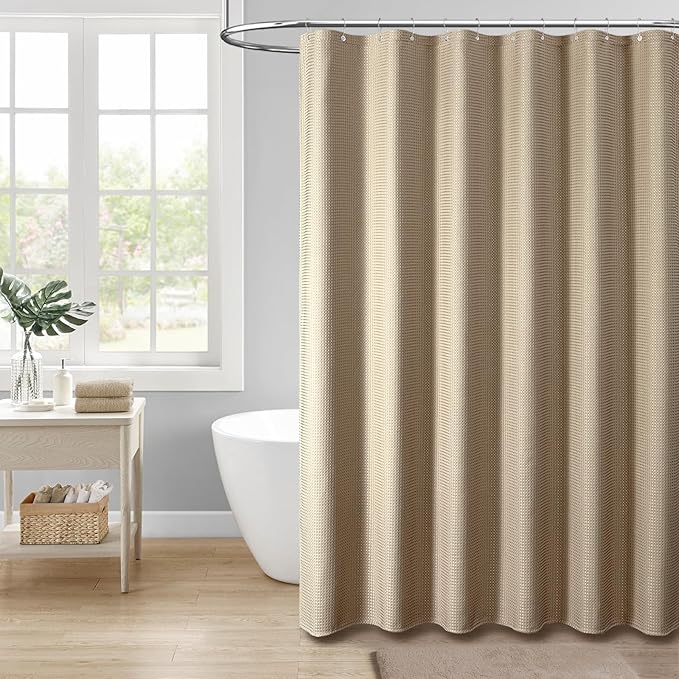Dynamene Long Fabric Shower Curtain - Waffle Textured Tall Heavy Duty Cloth Shower Curtains for Bathroom, 256GSM Large Hotel Spa Luxury Bath Curtain Set with 12 Plastic Hooks(72Wx80H, Beige/Khaki)