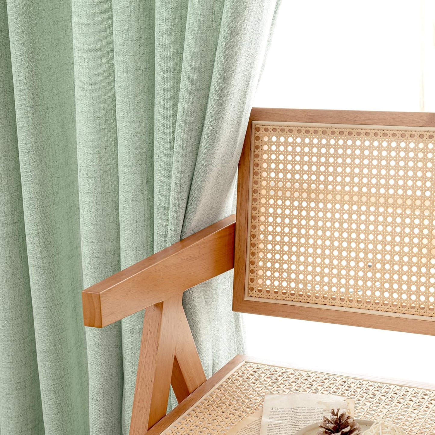 YoungsTex Sage Green Linen Semi Sheer Curtains 40 Inch Length for Kitchen Window, Short Drapes Light Filtering with Rod Pocket Back Tab for Cafe Bathroom, 2 Panels, 42 X 40 Inch