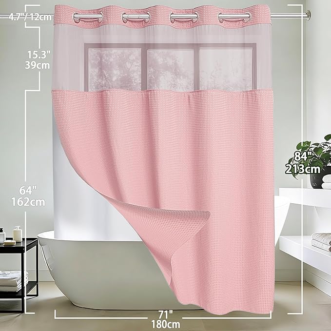 Conbo Mio Extra Long No Hook Waffle Weave Shower Curtain with Snap in Liner Set, Hotel Luxury Pink Shower Curtains for Bathroom with See Through Top Window, Waterproof, Washable 71W x 84H