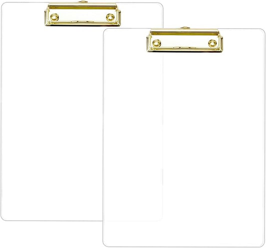 Thick Acrylic Clear Clipboards with Gold Clip 2-Pack, Durable Stylish Clipboards with Low Profile Clip