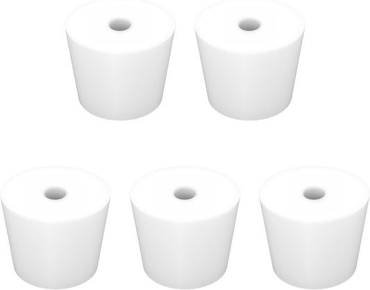 Labasics 5-Pack 8# Single-Hole Silicone Stoppers, White Tapered Lab Seal Stoppers with 0.31" Hole, Durable and Reusable Silicone Plugs for Laboratory Glassware, Airtight Sealing, and Experiments