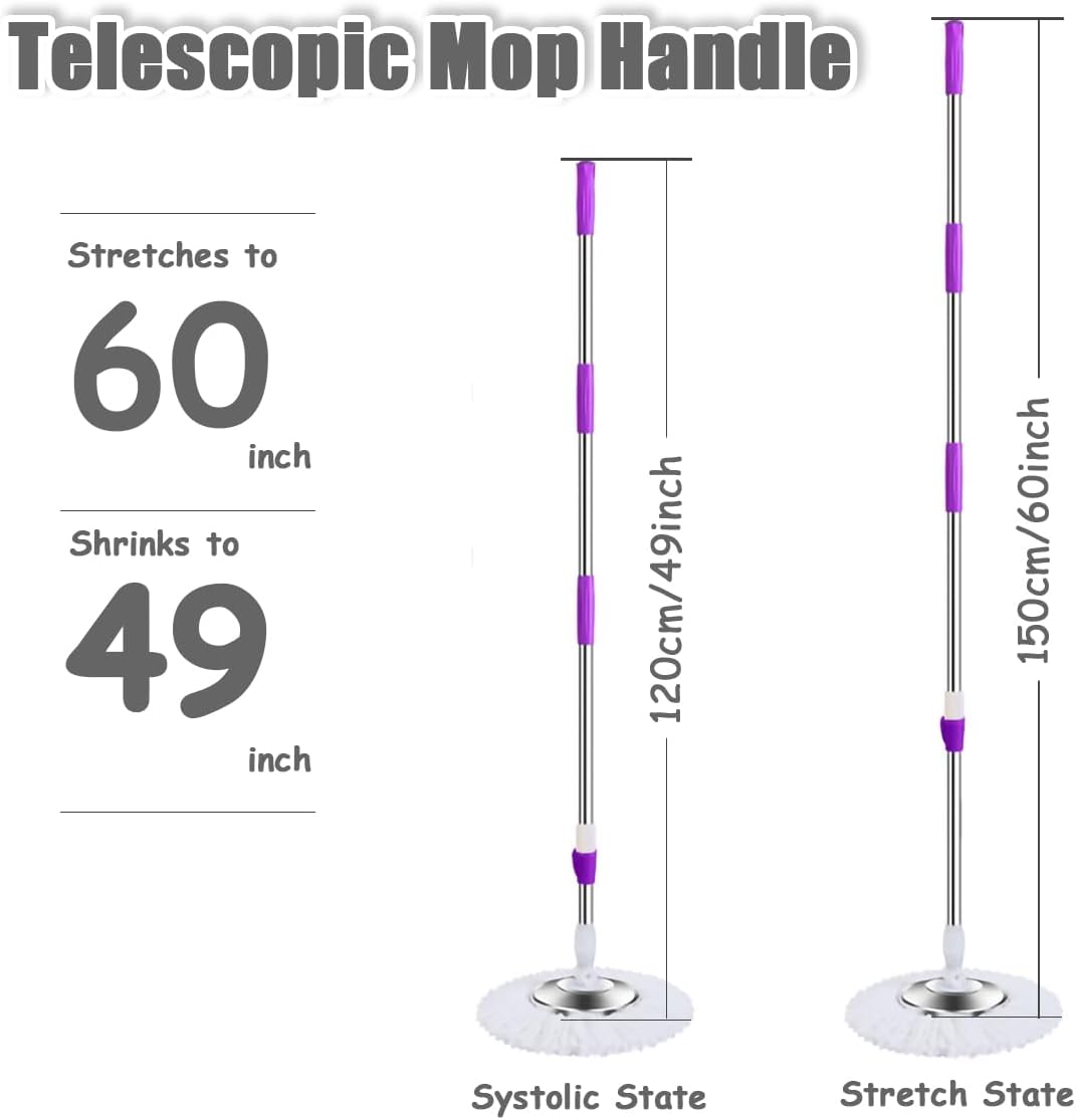 Extended Spin Mop Replacement Mop Handle, Upgraded 60-inch 360 Degrees Rotating Telescopic Replacement Mop Stick for Spin Mop Bucket Cleaning System (Stainless Steel Disc, Khaki)