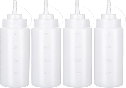 Condiment Squeeze Bottles Ketchup Dispenser, 4 Pack 16oz Squeeze Bottles for Liquids, Plastic Sauce Bottle with Cap Lid, Squirt Bottles for Sauces Liquids BBQ Dressing Pancake Art