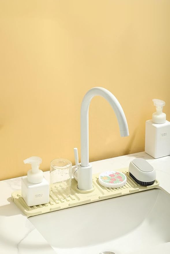 Sink Faucet Absorbing Mat,Kitchen Sink Splash Guard Longer Silicone Sink Faucet Mat,Silicone Sink Faucet Mat for Dish Soap Sponge Holder for Bathroom (White,17.5x5.5 Inch)