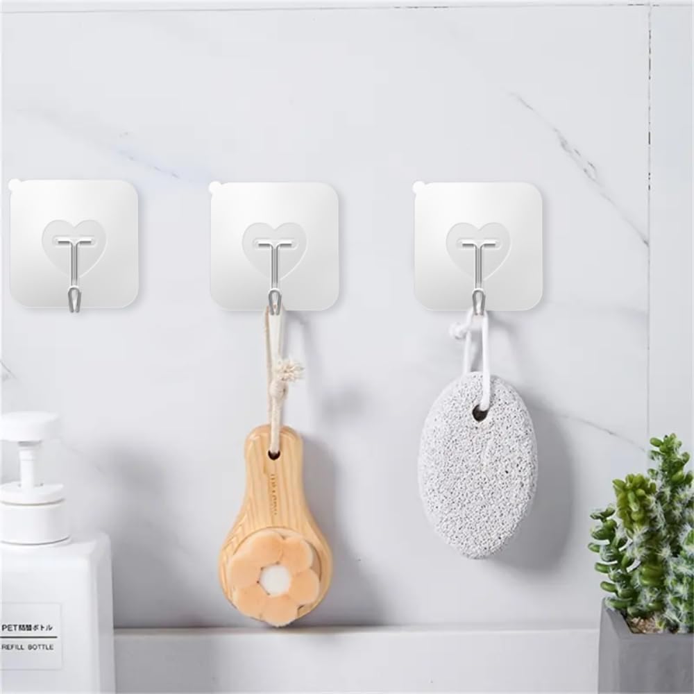 DGYB 40 Pcs Clear Adhesive Hooks for Hanging 22lb Self Adhesive Wall Hooks Heavy Duty Waterproof Transparent Sticky Hooks for Shower Home Bathroom Kitchen Office
