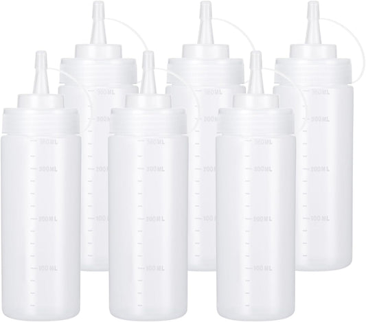 Condiment Squeeze Bottles Ketchup Dispenser, 6 Pack 12oz Squeeze Bottles for Liquids, Plastic Sauce Bottle with Cap Lid, Squirt Bottles for Sauces Liquids BBQ Dressing Pancake Art