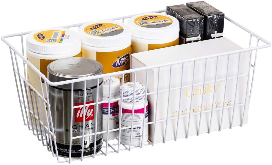 SANNO Freezer Baskets Wire Storage Baskets Closet Baskets Bin Farmhouse Organizer Storage Bins Organization Storage for Home, Office, Bathroom, Pantry -Set of 2, 15.7" White-2P