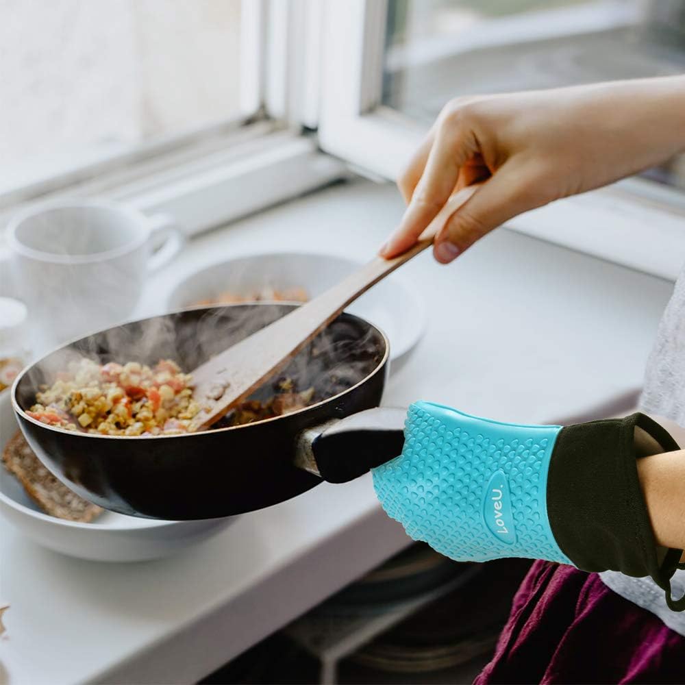 Kitchen Oven Gloves - Dual-Layer Heat Resistant Grilling Gloves, Silicone Oven Mitts with 5 Fingers, Waterproof Non-Slip Pot Holder for Barbecue, Cooking, Baking (Blue, Long)