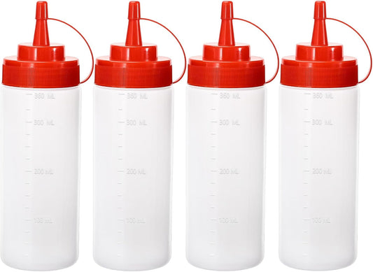 Condiment Squeeze Bottles Ketchup Dispenser, 4 Pack 12oz Squeeze Bottles for Liquids, Plastic Sauce Bottle with Cap Lid, Squirt Bottles for Sauces Liquids BBQ Dressing Pancake Art