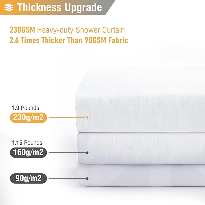 BTTN White Fabric Shower Curtain - Linen Textured Heavy Duty Waterproof Cloth Shower Curtain Set with 12 Plastic Hooks, Hotel Luxury Weighted Polyester Decorative Bath Curtains for Bathroom - 72"x72"