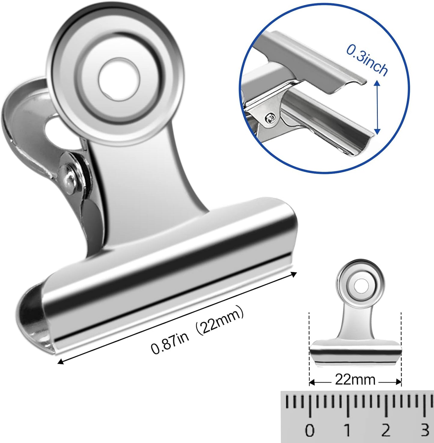 30 Pack Small Bull Clips 0.87 Inch Mini Metal Hinge Clips Binder Paper Hinge Clip for Office, Home, School, Shops, Silver, 22mm