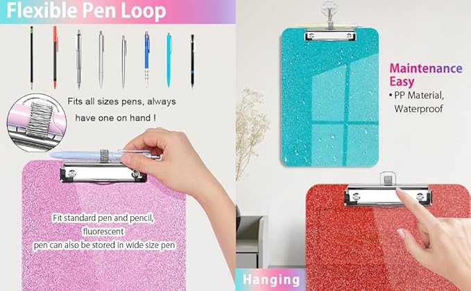Sparkly Clipboard with Pen Holder, Clear Plastic Glitter Clip Board, Hanging Shiny Clipboards with Low Profile Metal Clip, Letter A4 Size for Taecher Women Office School (Rose Pink)