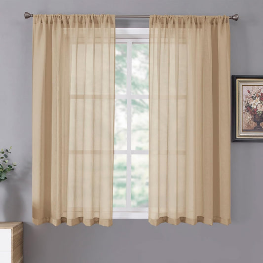 Tollpiz Short Sheer Curtains Linen Textured Bedroom Curtain Sheers Light Filtering Rod Pocket Voile Curtains for Living Room, 54 x 45 inches Long, Beige, Set of 2 Panels