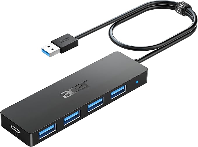 Acer USB Hub 4 Ports, Multiple USB 3.0 Hub, USBA Splitter for Laptop with Type C Power Port, Extender for A Port Laptop, PC, Desktop and More (2ft)