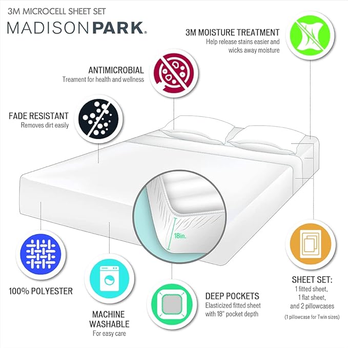 Madison Park 3M Microcell Bed Sheet Set Color Fast, Wrinkle and Stain Resistant, Soft Sheets with 16" Deep Pocket All Season, Cozy Bedding-Set, Matching Pillow Case, King, Seafoam, 4 Piece (MP20-2391)