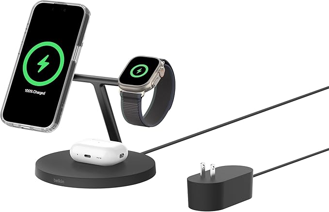 Belkin MagSafe-Compatible Charger, 3-in-1 Wireless Charging Station, Qi2-Certified 15W Wireless Charge for Apple iPhone 17 Series, Apple Watch, AirPods w/Non-Slip Base, 40W Included - Black