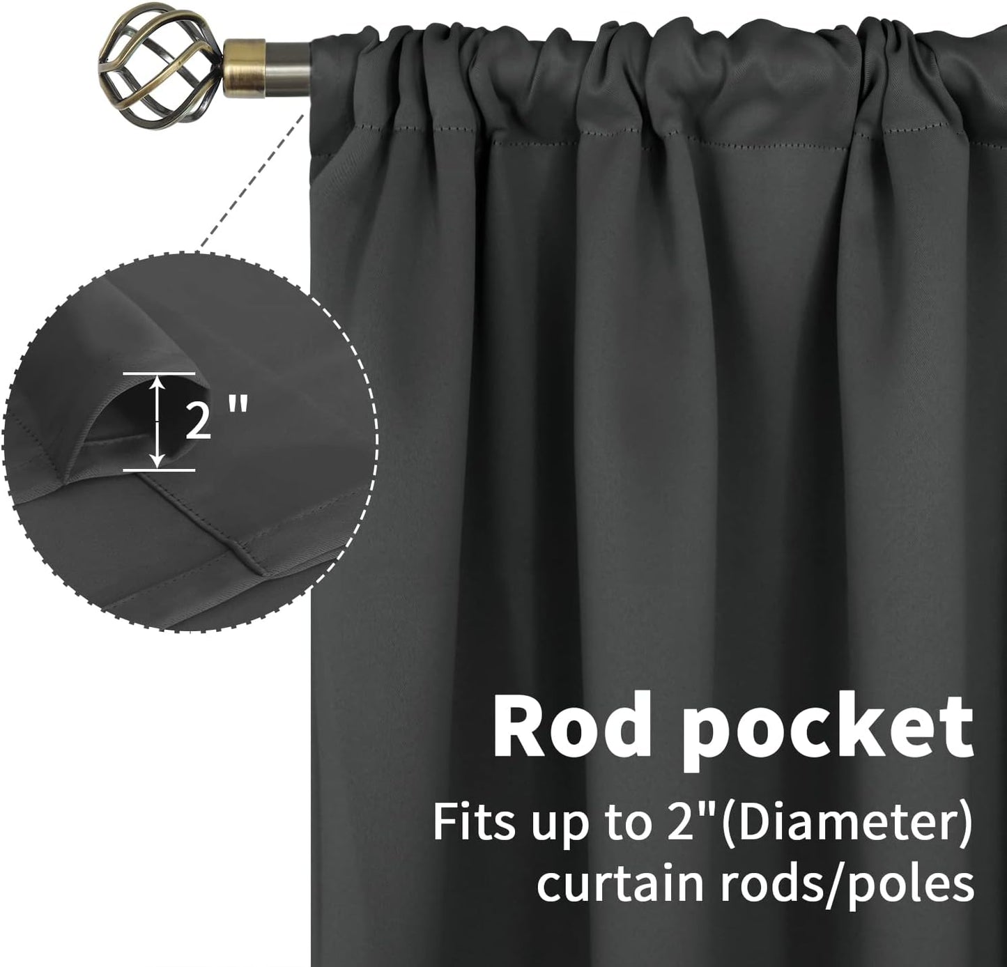 BGment Pocket Bedroom Curtains 63 Inch Long Dark Grey, Room Darkening Thermal Insulated Blackout Drapes for Living Room Privacy Light Blocking Blinds, 52 x 63 Inch, 2 Panels