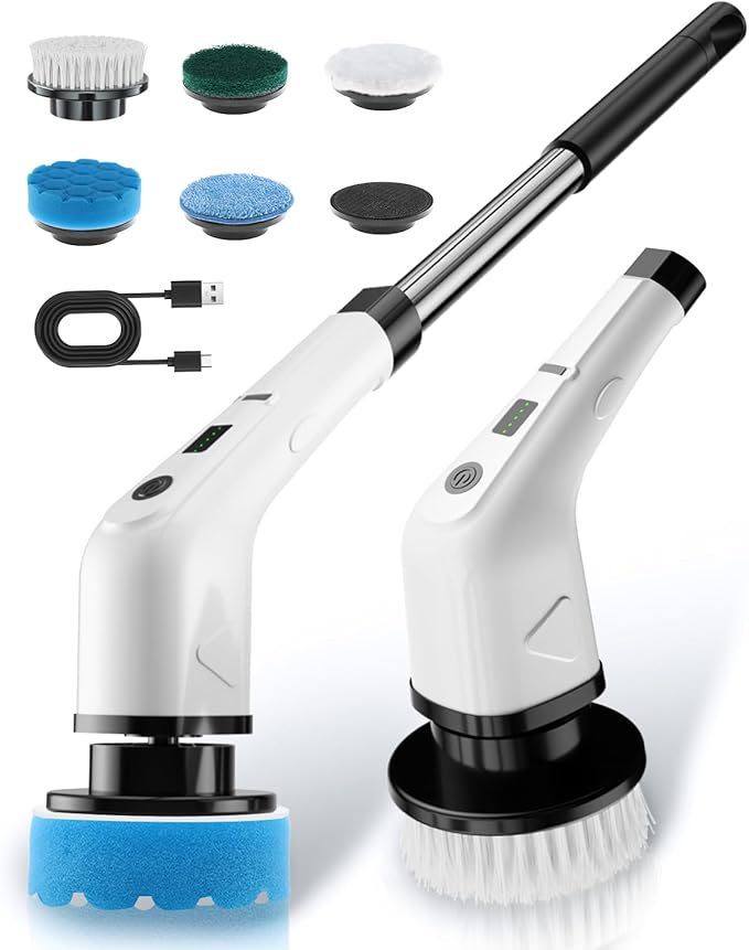 Electric Spin Scrubber with 6 Replacement Brush Heads, Cordless Dual Speed 360/300 RPM Cleaning Brush with 2500mAh Battery for Bathroom, Tub, Tile & Floor Cleaning