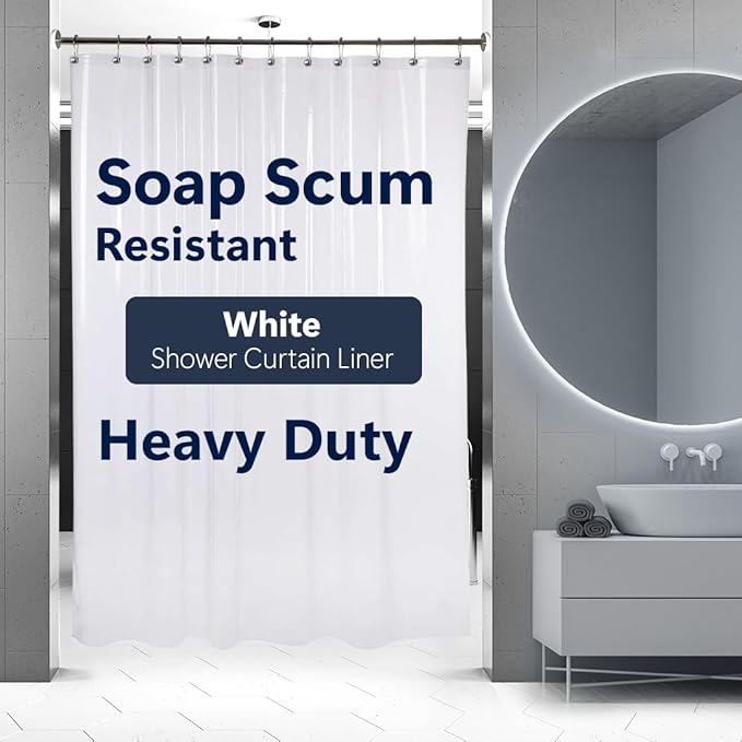 Epica Shower Curtain – Strongest Heavy-Duty Clear Vinyl 72x72 Shower Curtain Liner – Stain & Soap Scum Resistant with Rust-Proof Metal Grommets (White)