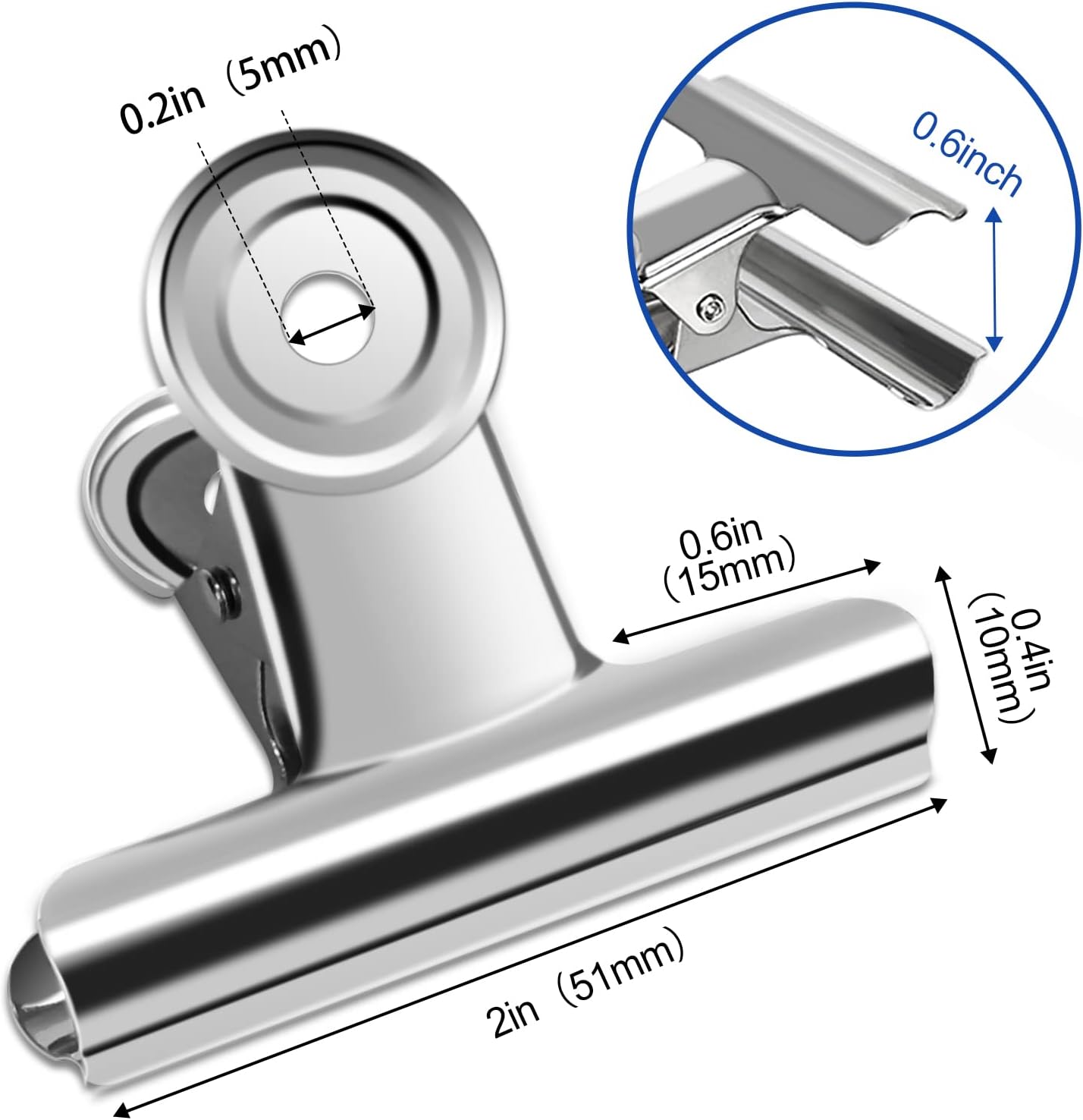 20 Pack Large Metal Hinge Clips 2 Inches Bull Hinge Paper Clips for Crafts, Photo, Drawing, Food Bags at Home, Office, School, Shop - Silver, 51mm
