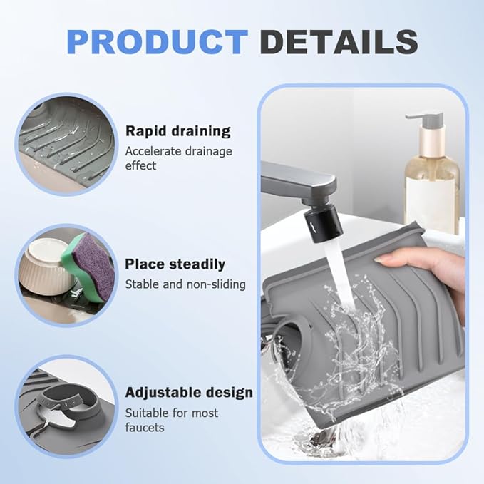Kitchen Sink Faucet Mat, 2025 New Foldable Faucet Mat for Kitchen Sink, 30in Silicone Faucet Guard & Draining Mat Keep Countertops Dry Splash Guard (Black, 30in)